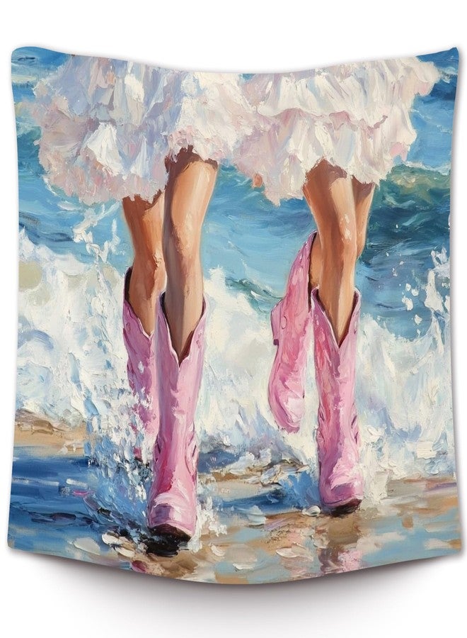 XLDLIOO Coastal Cowgirl Beach Wall Tapestry, Western Preppy Boots Tapestry Hanging for Beachy House Girly Room, Trendy Summer Ocean Tapestries Wall Decor Art for Bedroom Living Room 50x60in - Image 1